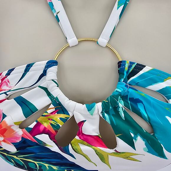 Vince Camuto Womans size S Logo-Ring Halter Bikini Top Balines Floral Cutout NEW - Picture 2 of 8